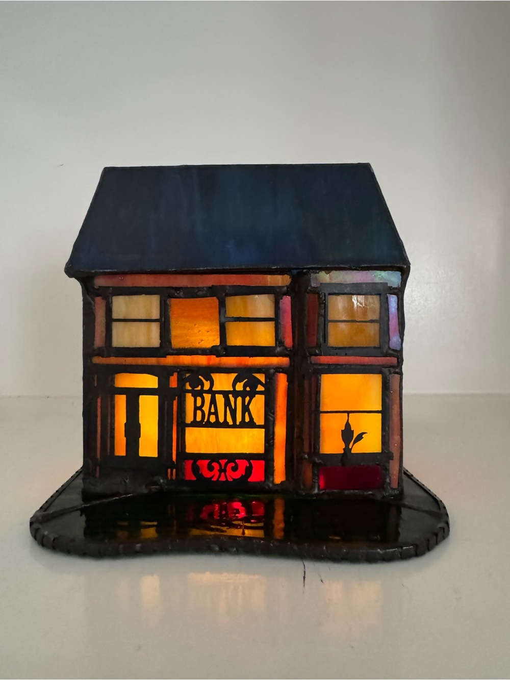 Vintage Stained Glass "BANK" Building Accent Lamp Village Night Light